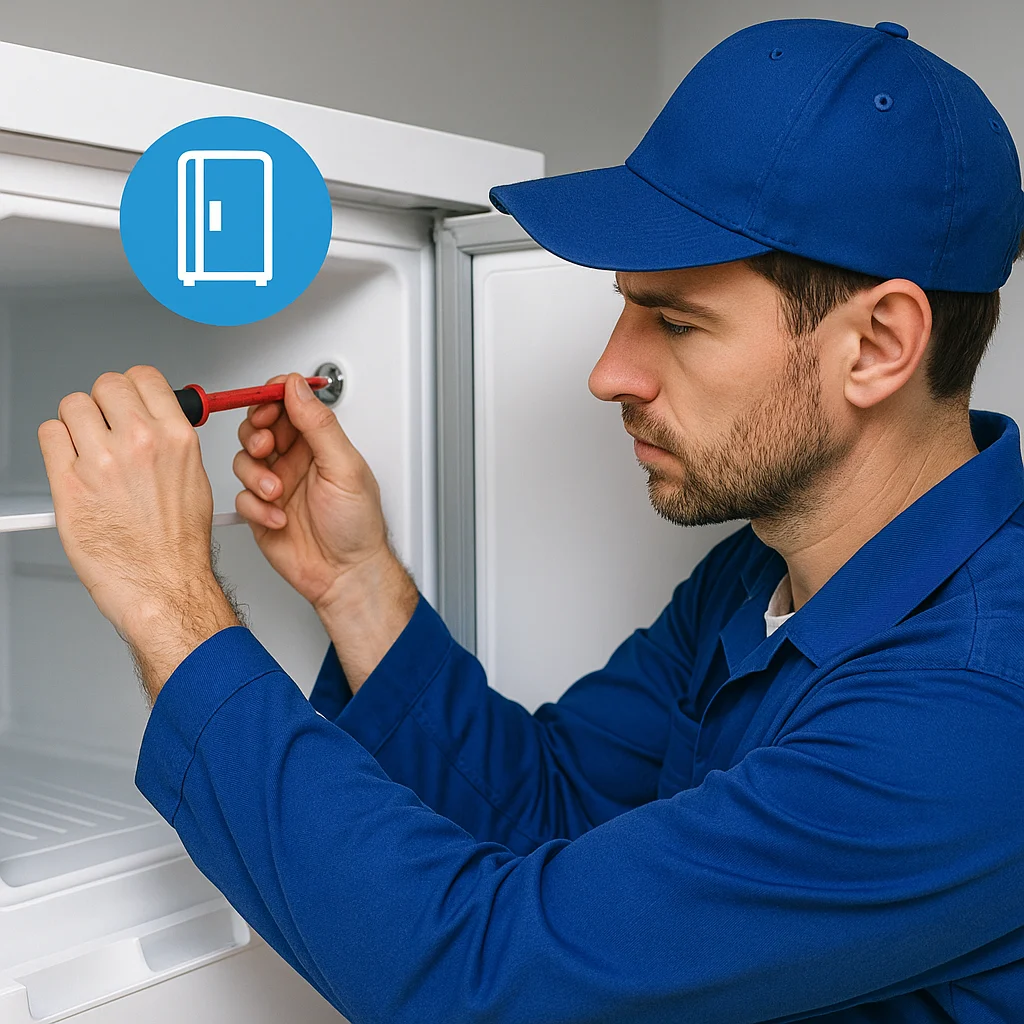 Fridge repair technician fixing compressor